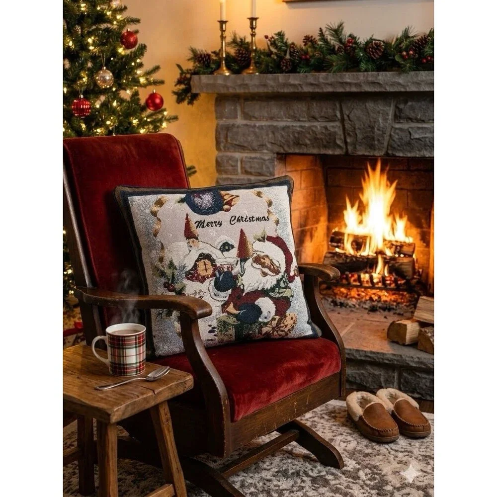 Santa Claus Christmas Throw Pillow Multicolor Fabric 14x14 Removable Cover